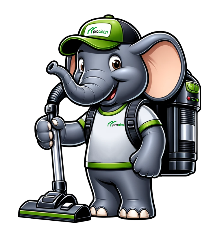 Ein Cartoon-Elefant mit Rucksackstaubsauger im weiß-grünen Arbeitsoutfit.