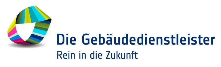 Logo mit farbigen Streifen und Schriftzug „Die Gebäudedienstleister – Rein in die Zukunft“.