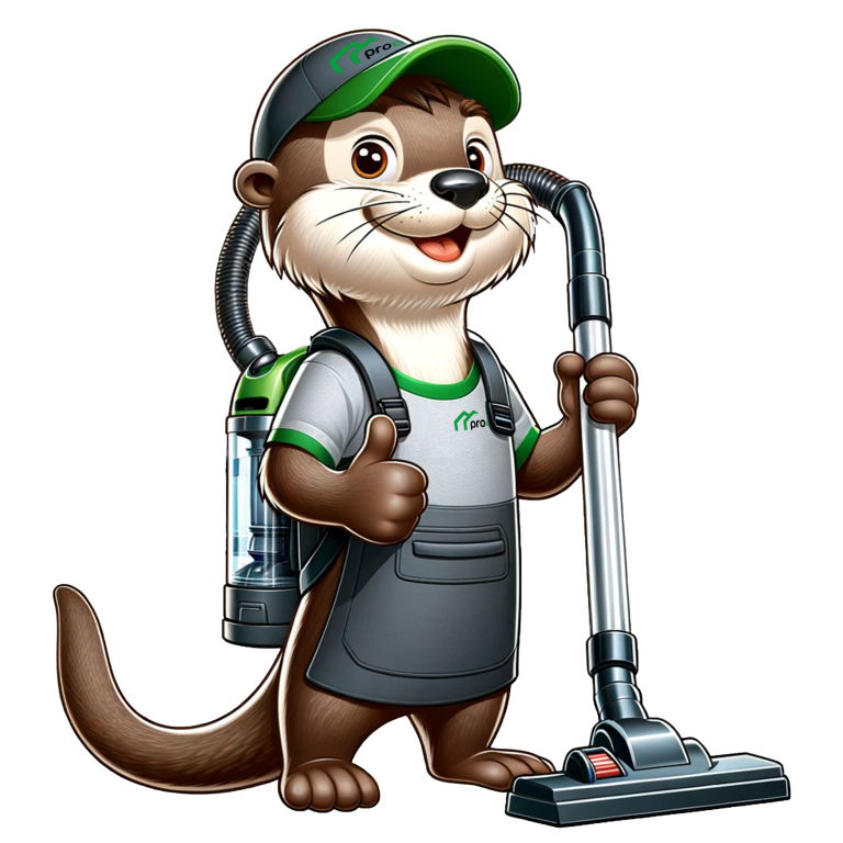 Ein freundlicher Cartoon-Otter im weiß-grünen Arbeitsoutfit hält einen Daumen hoch und trägt einen Rucksackstaubsauger.